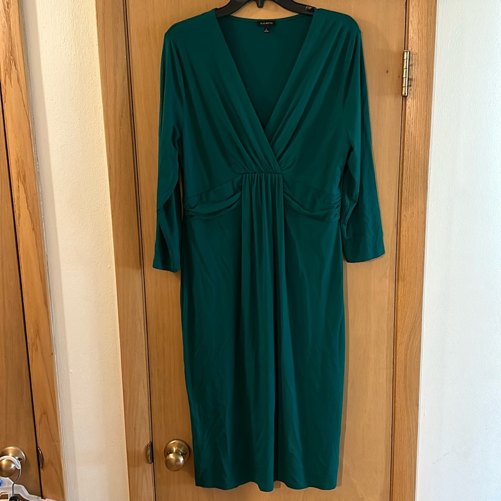 Talbots Women’s V Neck Stretch Jersey Knit Midi Dress Kelly Green Size Large